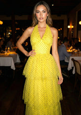 Halter Polka Dot Ruffle Maxi Dress Yellow
