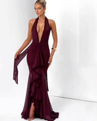 Halter Plunge Ruffle Maxi Dress Burgundy