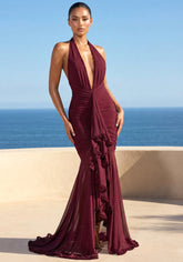 Halter Plunge Ruffle Maxi Dress Burgundy