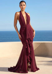 Halter Plunge Ruffle Maxi Dress Burgundy