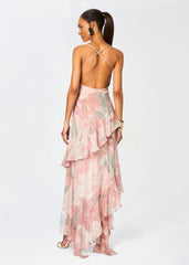 Printed Ruffle Asymmetric Maxi Dress Pink