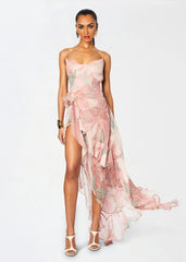Printed Ruffle Asymmetric Maxi Dress Pink