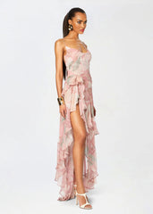 Printed Ruffle Asymmetric Maxi Dress Pink