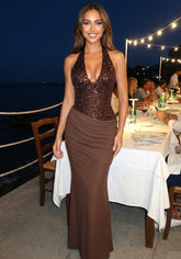 Halter Sequin Corset Maxi Dress Brown