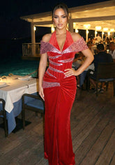 Halter Sequin Corset Maxi Velvet Dress Red
