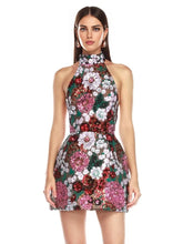 Halter Sequin Floral Dress Hot Pink Green