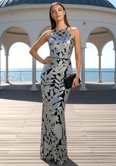 Halter Sequin Floral Maxi Dress Black Silver