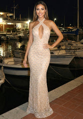 Halter Sequin Maxi Dress Nude