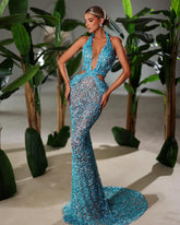 Halter Sequin Maxi Dress Turquoise