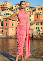 Halter Sparkly Ruched Maxi Two Piece Dress Hot Pink