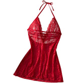 Lace Halter Babydoll Deep V Neck See Hrough Nightgown Erotic Lingerie Sleepwear Dress