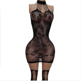 Ladies Lingerie Set Hollow out Transparent Tummy Control Skirt Lace Neck Hanging Black High Waist Long Stockings