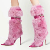 Chain Decor Leather Pointed Toe Stiletto Warm Fur Buckle Strap Knee High Heels Boots