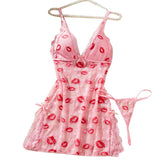 Lips Prints Pink Lace Underwear Babydoll Dress Soft Sleepwear Festival Gift