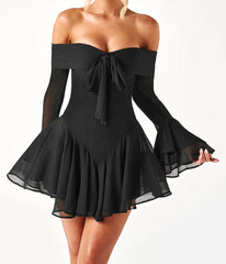 Long Sleeve Bardot A Line Dress Black