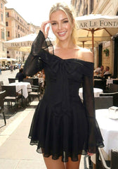 Long Sleeve Bardot A Line Dress Black