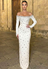Long Sleeve Bardot Crystal Maxi Dress White