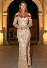 Strapless Crystal Sequin Maxi Dress Gold