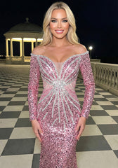 Long Sleeve Bardot Crystal Sequin Maxi Dress Pink