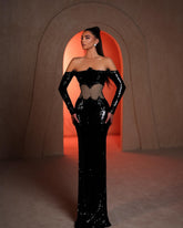 Long Sleeve Bardot Sequin Maxi Dress Black