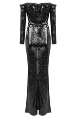 Long Sleeve Bardot Sequin Maxi Dress Black