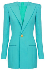 Long Sleeve Concealed Pocket Blazer Dress Turquoise