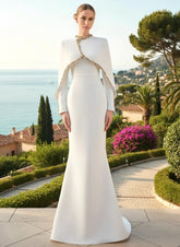 Cape Long Sleeve Embellished Maxi Dress White