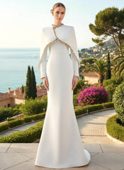 Cape Long Sleeve Embellished Maxi Dress White