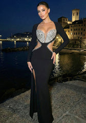 Long Sleeve Crystal Bustier Cut Out Maxi Dress Black