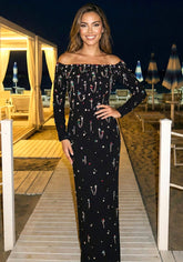 Long Sleeve Crystal Chain Maxi Dress Black