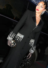 Long Sleeve Crystal Sequin Maxi Coat Dress Black