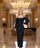 Long Sleeve Crystal Cold Shoulder Maxi Dress Black