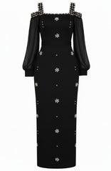Long Sleeve Crystal Cold Shoulder Maxi Dress Black