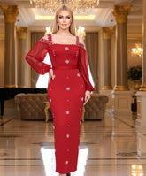 Long Sleeve Crystal Cold Shoulder Maxi Dress Red