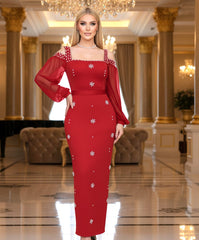 Long Sleeve Crystal Cold Shoulder Maxi Dress Red