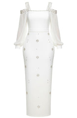 Long Sleeve Crystal Cold Shoulder Maxi Dress White