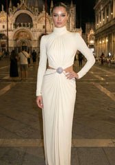 Long Sleeve Crystal Draped Maxi Dress Ivory
