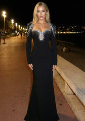 Long Sleeve Embellished Shoulders Maxi Dress Black