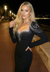 Long Sleeve Embellished Shoulders Maxi Dress Black