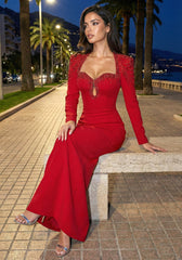 Long Sleeve Embellished Shoulders Maxi Dress Red