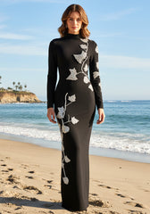 Long Sleeve Floral Crystal Maxi Dress Black