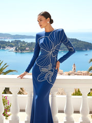 Long Sleeve Crystal Floral Embellished Maxi Dress Blue