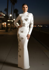 Long Sleeve Floral Crystal Maxi Dress White