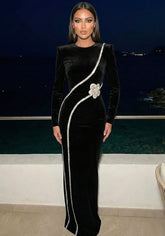 Long Sleeve Crystal Flower Maxi Dress Black