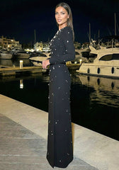 Long Sleeve Crystal A Line Maxi Dress Black