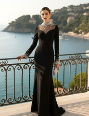 Long Sleeve Crystal Embellished Mesh Maxi Dress Black