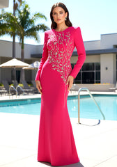 Long Sleeve Crystal Floral Maxi Dress Hot Pink