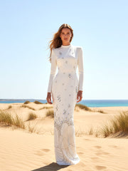 Long Sleeve Crystal Flower Maxi Dress White