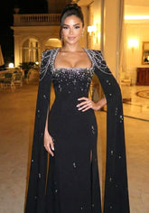 Cape Sleeve Crystal Pearl Maxi Dress Black