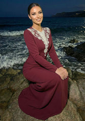 Long Sleeve Crystal Pearl Maxi Dress Burgundy